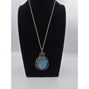 Vintage Simulated Turquoise Blue Cabochon‎ Pendant Necklace Silver Tone Chain